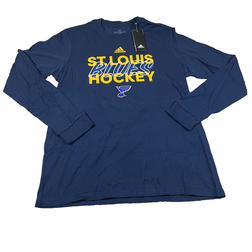 Adidas Mens Medium Navy Blue St. Louis Blues Hockey LS Amplifier Tee Shirt NWT